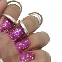 pink gel polish nail nails glitter chunky holographic shiny shimmer topper translucent light base accent art multi multicolour silver 